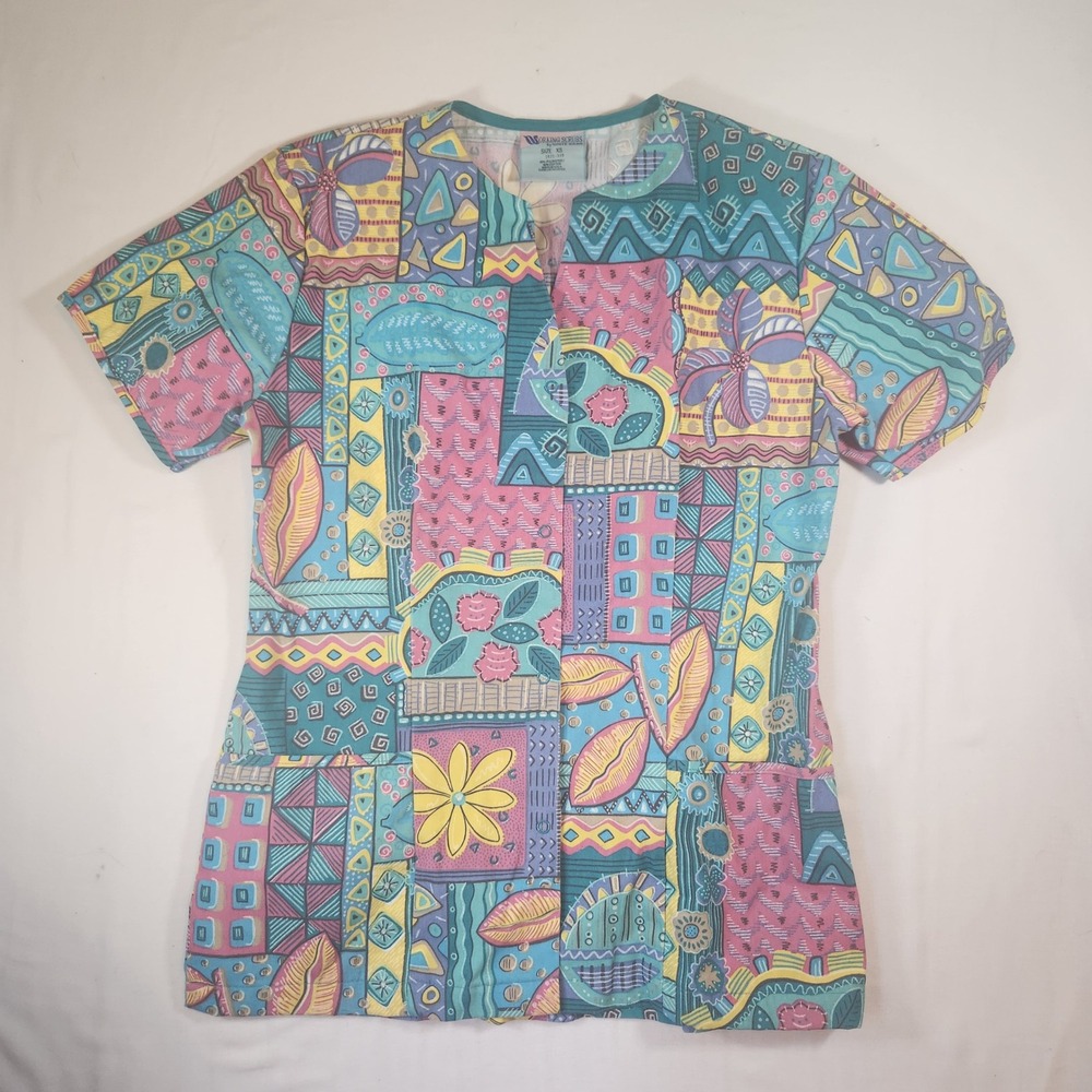 Vintage Working Scrubs by White Swan XS Patchwork Floral Geometric Top